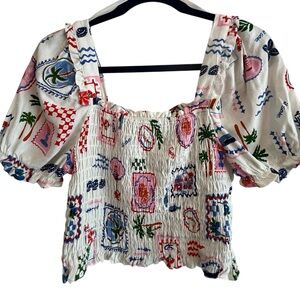 MONTEAU Smocked Puff Sleeve Crop Top Mediterranean Italy Print Linen Blend L